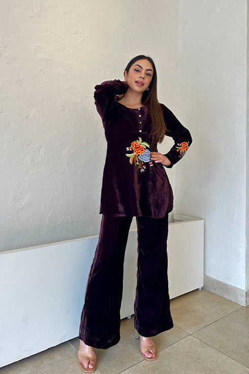 Brown Embroidered Velvet Fusion Set